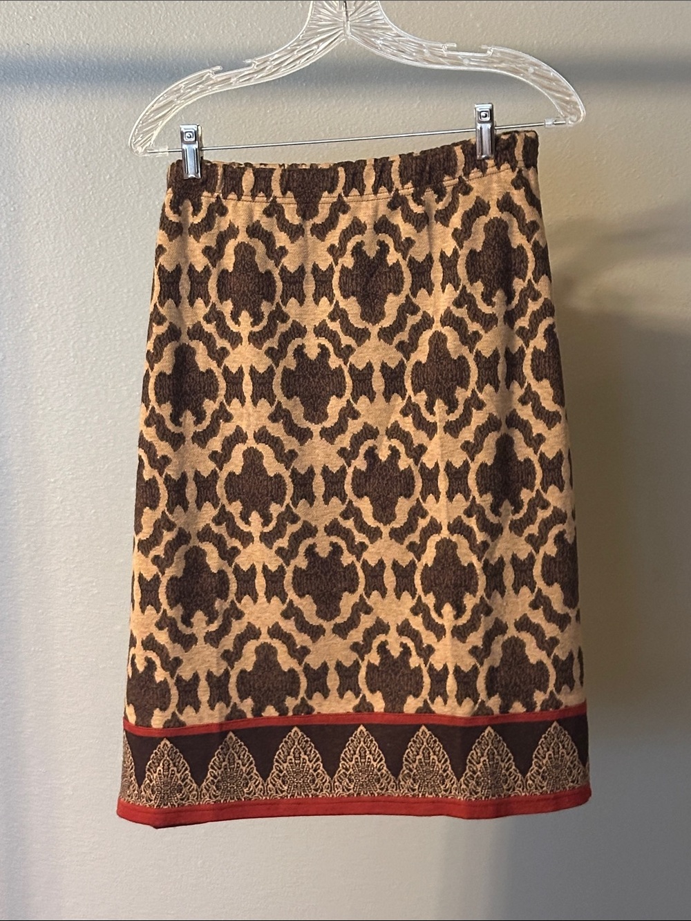 Nina Leonard Brown and Tan Patterned Pencil Skirt with Red Trim